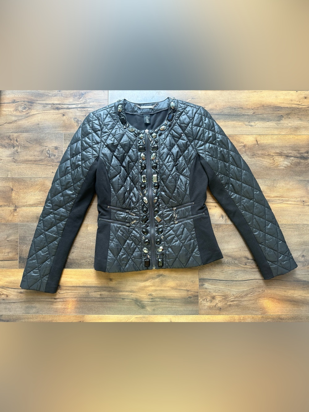 White House Black Market Embellished Quilted Jacket XS Glam Moto Zip - Picture 5 of 7